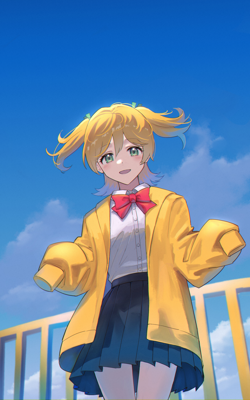 1girl bangs black_skirt blonde_hair blue_sky blurry blurry_background blush bow bowtie buttons clouds collared_shirt commentary cowboy_shot daiba_nana day english_commentary floating_hair from_below green_eyes green_ribbon hair_between_eyes hair_ribbon hands_up high-waist_skirt highres jacket kooan long_sleeves looking_at_viewer looking_down miniskirt open_clothes open_jacket outdoors parted_lips pleated_skirt railing red_bow red_bowtie ribbon school_uniform seishou_music_academy_uniform shirt short_hair short_twintails shoujo_kageki_revue_starlight skirt sky sleeves_past_fingers sleeves_past_wrists smile solo standing twintails white_shirt yellow_jacket