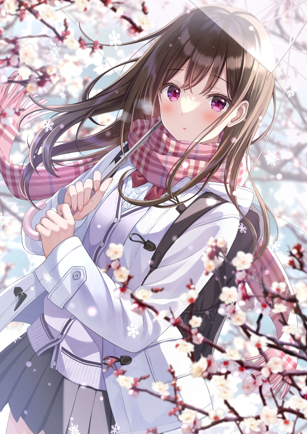 1girl :o backpack bag bangs blurry blurry_foreground blush bow bowtie brown_hair commentary cowboy_shot crossed_bangs flower grey_skirt hair_over_shoulder highres holding holding_bag holding_umbrella long_hair long_sleeves looking_at_viewer original outdoors parted_lips pink_eyes pink_scarf plaid plaid_scarf pleated_skirt red_bow scarf shiny shiny_hair shirt sidelocks skirt solo standing sweater symbol-only_commentary transparent transparent_umbrella tree umbrella white_flower white_shirt white_sweater yatomi