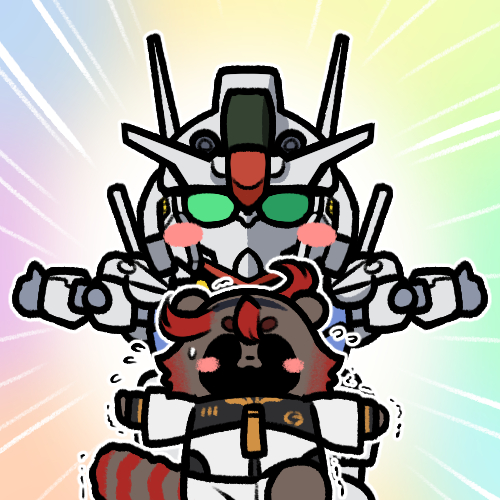 1girl animal_ears blush_stickers gundam gundam_aerial gundam_suisei_no_majo jazz_jack lowres mecha outstretched_arms raccoon_ears raccoon_tail rainbow_background redhead robot scene_reference sd_gundam simple_background spread_arms striped_tail suletta_mercury tail