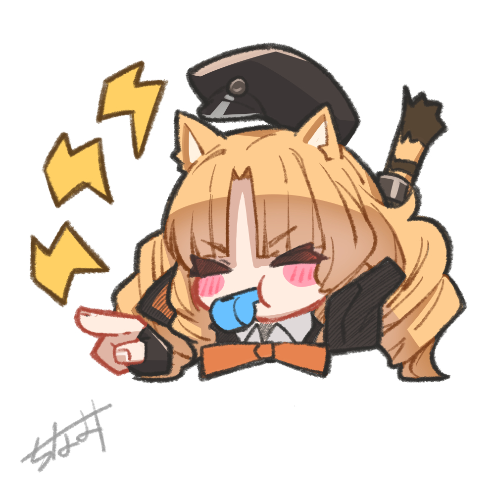 1girl animal_ears arknights beret black_headwear black_jacket blowing_whistle blush_stickers bow bowtie chibi closed_eyes collared_shirt drill_hair hat jacket orange_bow orange_bowtie orange_hair pointing seto_tinami shirt signature simple_background solo swire_(arknights) tiger_ears tiger_girl v-shaped_eyebrows whistle white_background white_shirt
