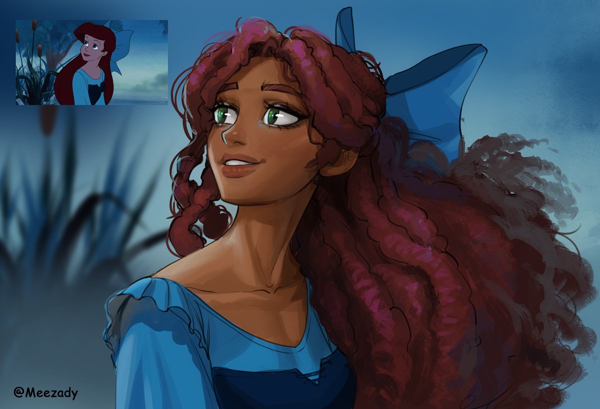 1girl alternate_skin_color ariel_(disney) bad_end blue_bow blue_shirt bow corruption dark-skinned_female dark_persona dark_skin darkness derivative_work dreadlocks green_eyes hair_bow horror_(theme) long_hair mind_break monsterification objectification parted_lips roxxxan ruined_for_marriage screencap_inset screencap_redraw shirt slave smile solo the_little_mermaid the_little_mermaid_(2023) trash twitter twitter_username upper_body