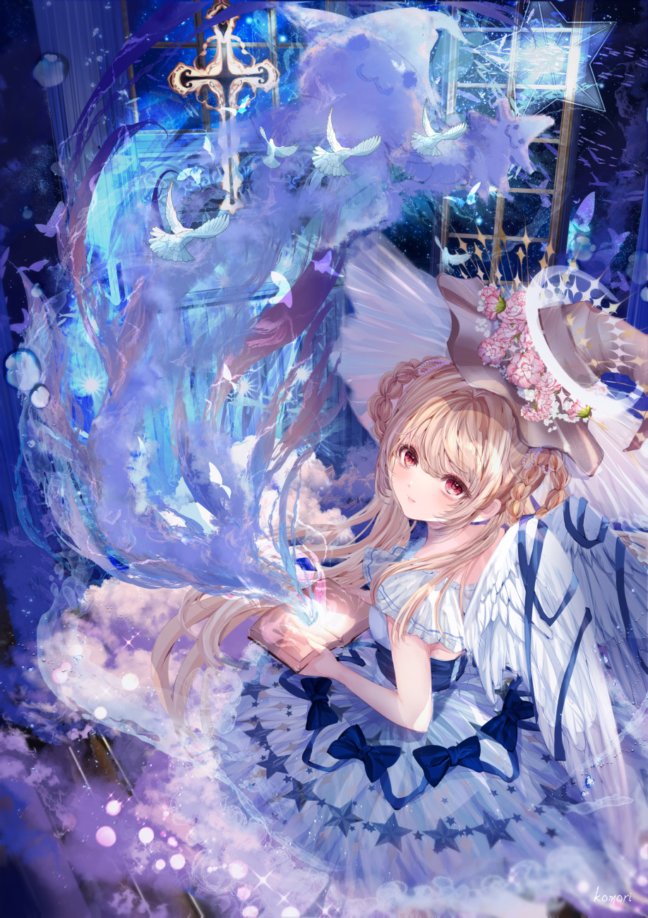 1girl angel_wings artist_name bangs bird blue_bow blue_ribbon blush book bow braid bug butterfly commentary_request cross dove dress eyelashes fantasy feathered_wings floating_hair flower frilled_dress frills hair_between_eyes hair_rings halo hat hat_flower highres holding holding_book komirihikku light_brown_hair long_hair looking_at_viewer looking_back magic open_book original parted_lips pink_flower red_eyes ribbon sidelocks sleeveless sleeveless_dress smoke solo sparkle star_(symbol) twin_braids very_long_hair water water_drop white_wings window wings witch_hat