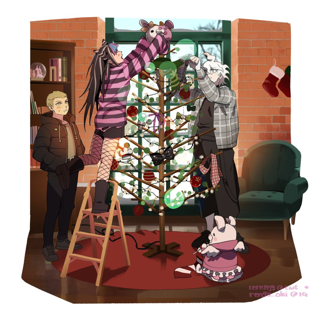 1girl 2boys armchair bangs black_bow black_footwear black_hair black_pants black_shirt black_skirt blonde_hair blue_hair blush bookshelf bow chair chef_hat christmas_ornaments christmas_tree danganronpa_(series) danganronpa_2:_goodbye_despair ear_bow fishnet_pantyhose fishnets green_bow grey_hair hair_horns hat indoors jacket komaeda_nagito kuzuryuu_fuyuhiko ladder messy_hair mioda_ibuki monomi_(danganronpa) multiple_boys necktie necktie_removed open_clothes open_jacket pants pantyhose pink_hair pink_ribbon plaid plaid_jacket plaid_necktie pleated_skirt rengy_(rerengy) ribbon ribbon_removed shirt shoes short_hair skirt sweat usami_(danganronpa) window