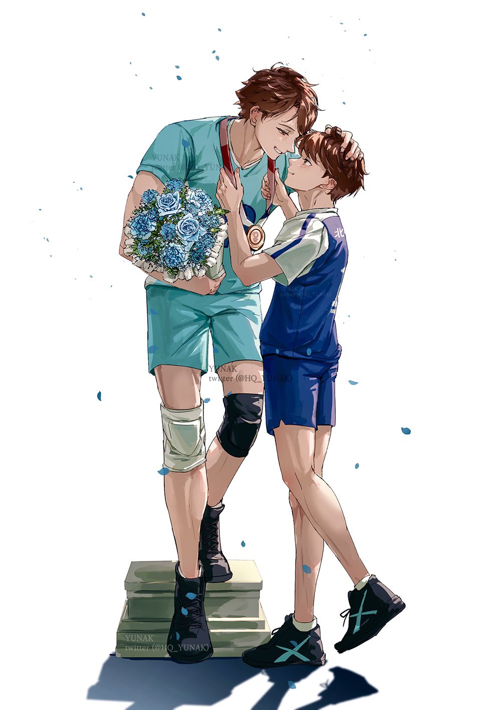 1boy 2boys aged_down aoba_johsai_volleyball_uniform aqua_pants aqua_shirt black_footwear blue_shirt blue_shorts blush bouquet brown_eyes brown_hair flower haikyuu!! hand_on_another's_head height_difference highres holding holding_bouquet hq_yunak knee_pads looking_at_another male_focus multiple_boys oikawa_tooru_(haikyuu!!) shirt short_hair short_sleeves shorts sportswear time_paradox volleyball_uniform