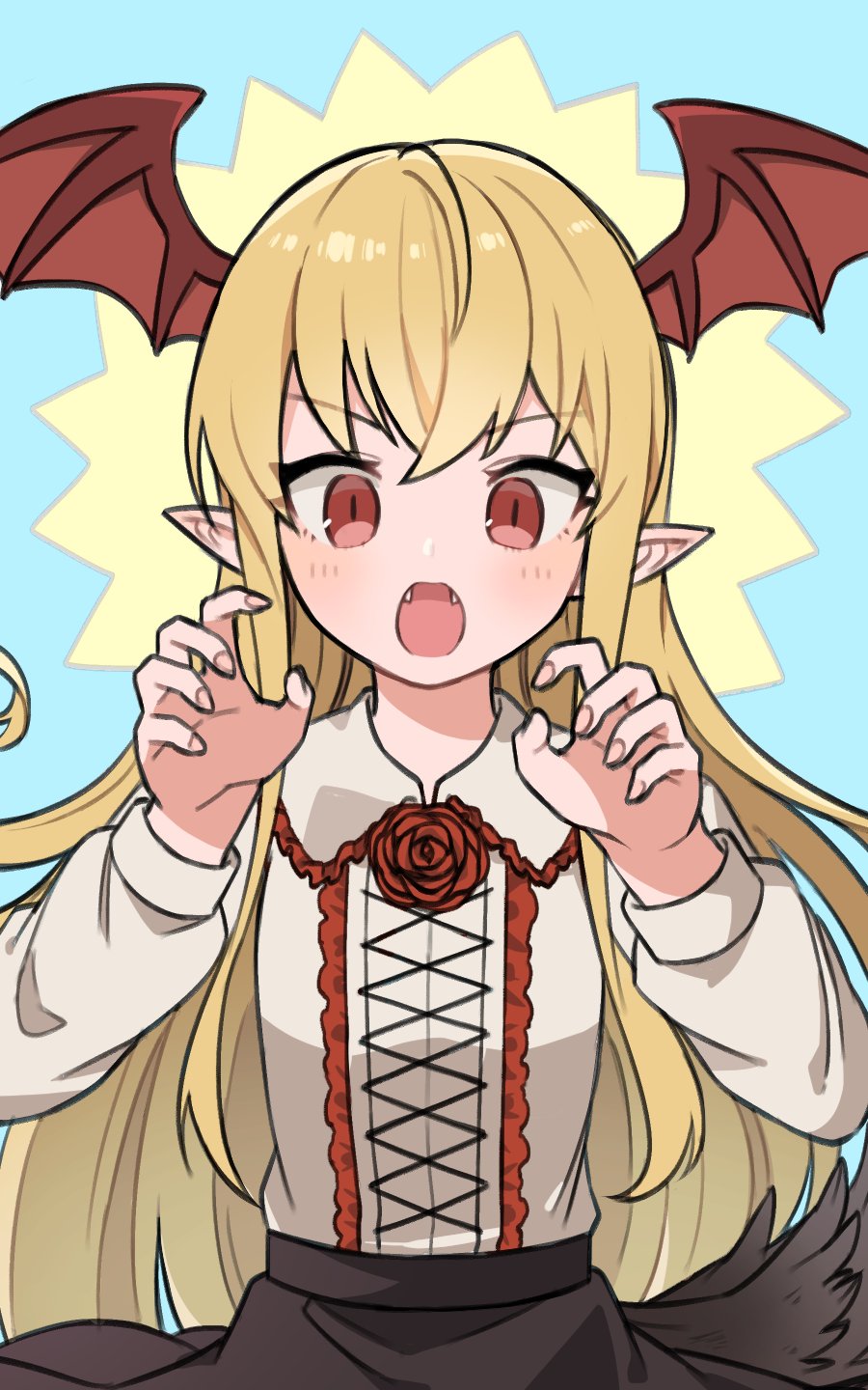 1girl bangs bat_wings black_shirt blonde_hair blush brown_shirt claw_pose collared_shirt eno_(preno_gb) fangs flower frilled_shirt_collar frills granblue_fantasy head_wings highres long_hair long_sleeves looking_at_viewer open_mouth pointy_ears red_eyes rose shingeki_no_bahamut shirt shirt_tucked_in solo upper_body vampy wings