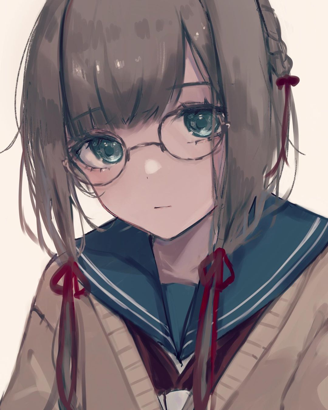 1girl :| aqua_eyes bangs blue_sailor_collar brown_cardigan brown_hair cardigan close-up closed_mouth expressionless glasses grey-framed_eyewear grey_hair hair_ribbon haruharu_12_31 highres looking_afar muted_color neckerchief original portrait red_neckerchief red_ribbon ribbon round_eyewear sailor_collar school_uniform serafuku simple_background solo white_background white_serafuku