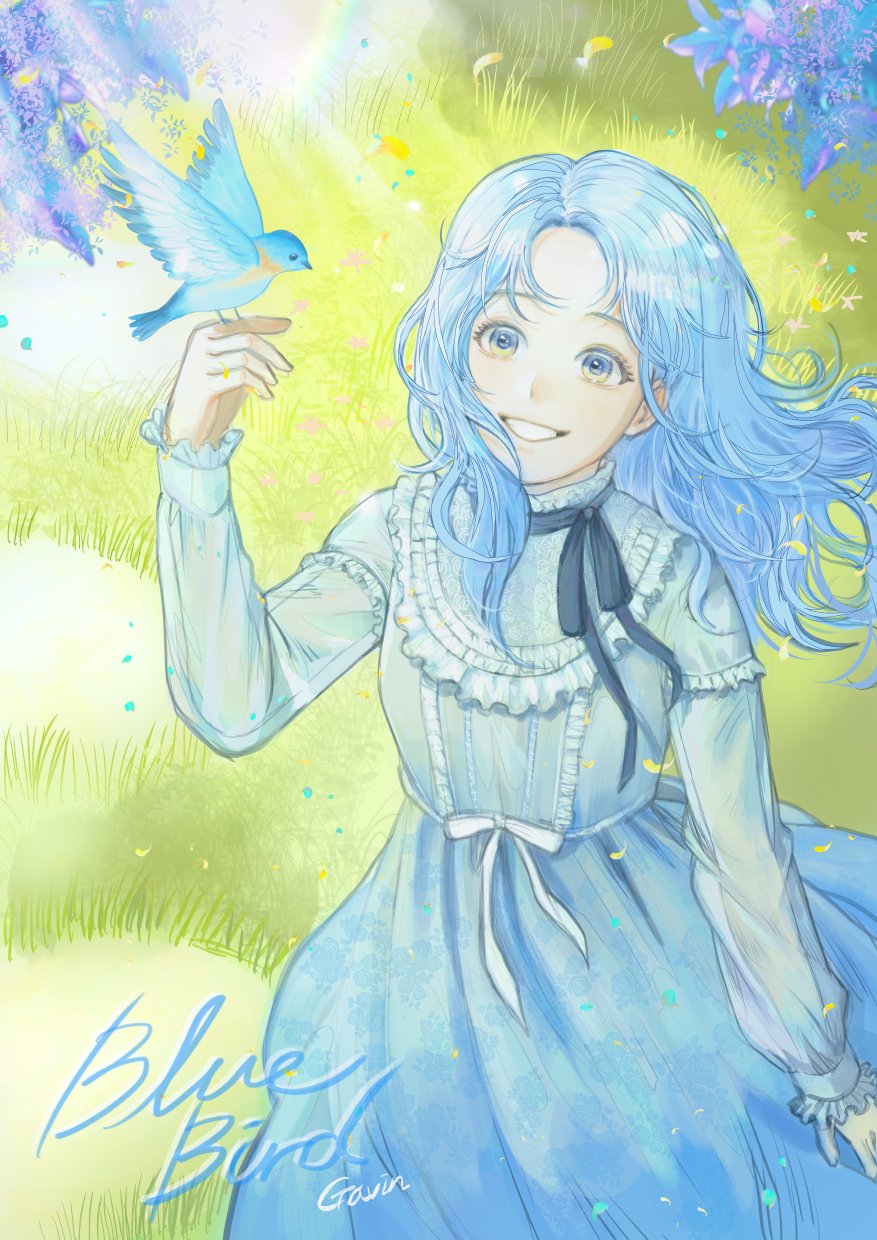 1girl animal bird bird_on_hand blue_dress blue_eyes blue_hair dress english_text frilled_dress frills from_above gavin_(jypic) grass grin highres korean_commentary long_hair long_sleeves looking_at_animal looking_up original smile solo