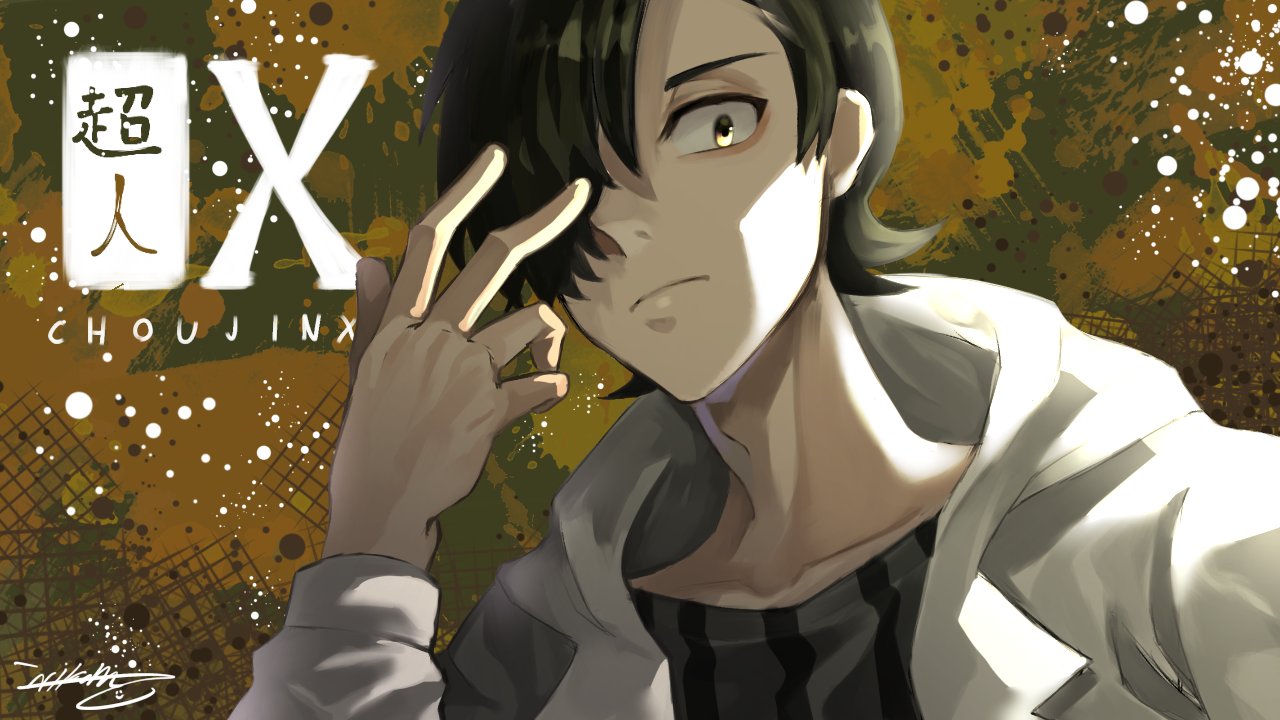 1boy black_hair black_shirt choujin_x claw_pose copyright_name hair_over_one_eye hood hoodie kurohara_tokio_(choujin_x) looking_at_viewer nikohulu0427 shirt short_hair solo white_hoodie yellow_background yellow_eyes