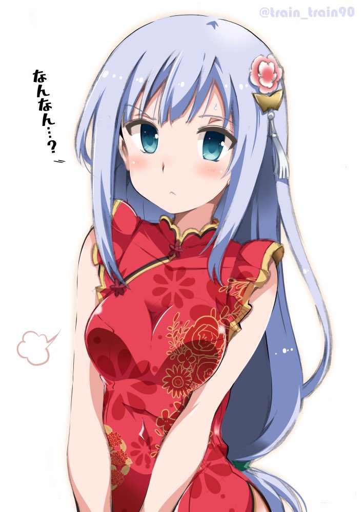 1girl :&lt; =3 aqua_eyes bangs blue_hair blush breast_press breasts china_dress chinese_clothes commentary dress floral_print flower frills hair_flower hair_ornament idolmaster idolmaster_million_live! idolmaster_million_live!_theater_days light_blue_hair long_hair looking_at_viewer medium_breasts print_dress raised_eyebrow red_dress serious shiraishi_tsumugi sidelocks sleeveless sleeveless_dress solo train_90 translation_request twitter_username upper_body white_background