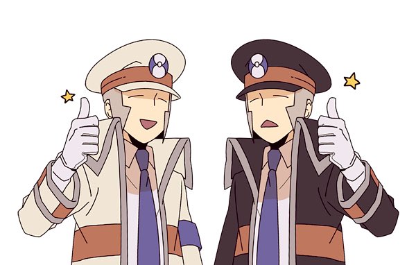 2boys :d black_coat black_headwear blue_necktie closed_eyes coat collared_shirt dress_shirt emmet_(pokemon) gloves grey_hair hand_up hat high_collar ingo_(pokemon) jaho long_sideburns long_sleeves male_focus multiple_boys necktie open_mouth peaked_cap pokemon pokemon_(game) pokemon_bw shirt short_hair sideburns simple_background smile star_(symbol) thumbs_up trench_coat upper_body white_background white_coat white_gloves white_headwear white_shirt