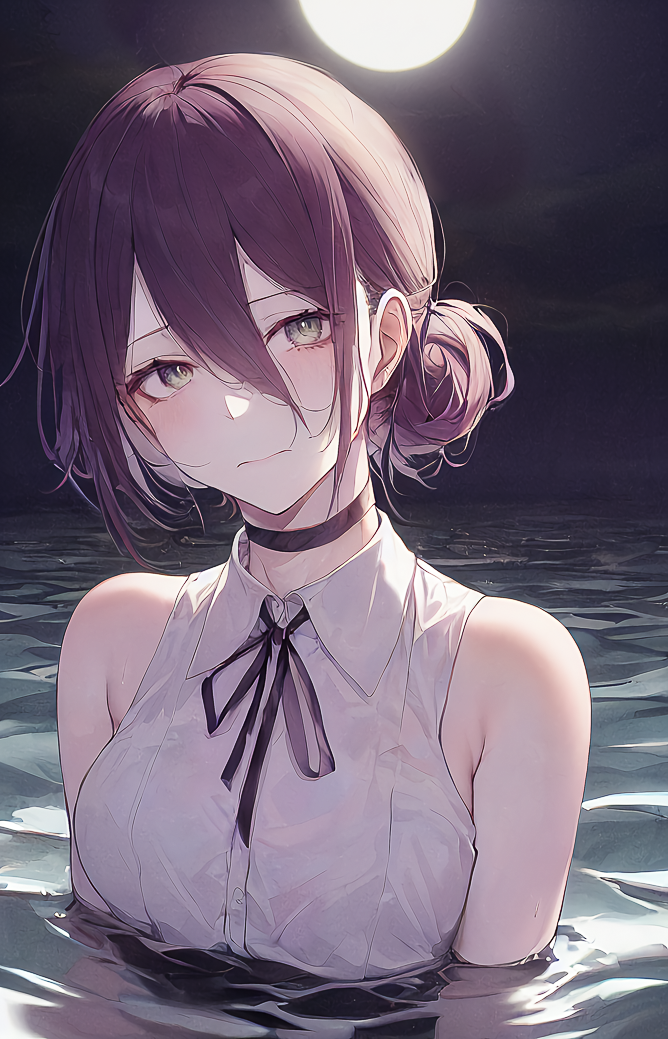 1girl beach black_choker black_hair chainsaw_man choker flux_ef green_eyes hair_bun hybrid medium_hair moon night reze_(chainsaw_man) shirt single_hair_bun solo wet wet_clothes wet_shirt