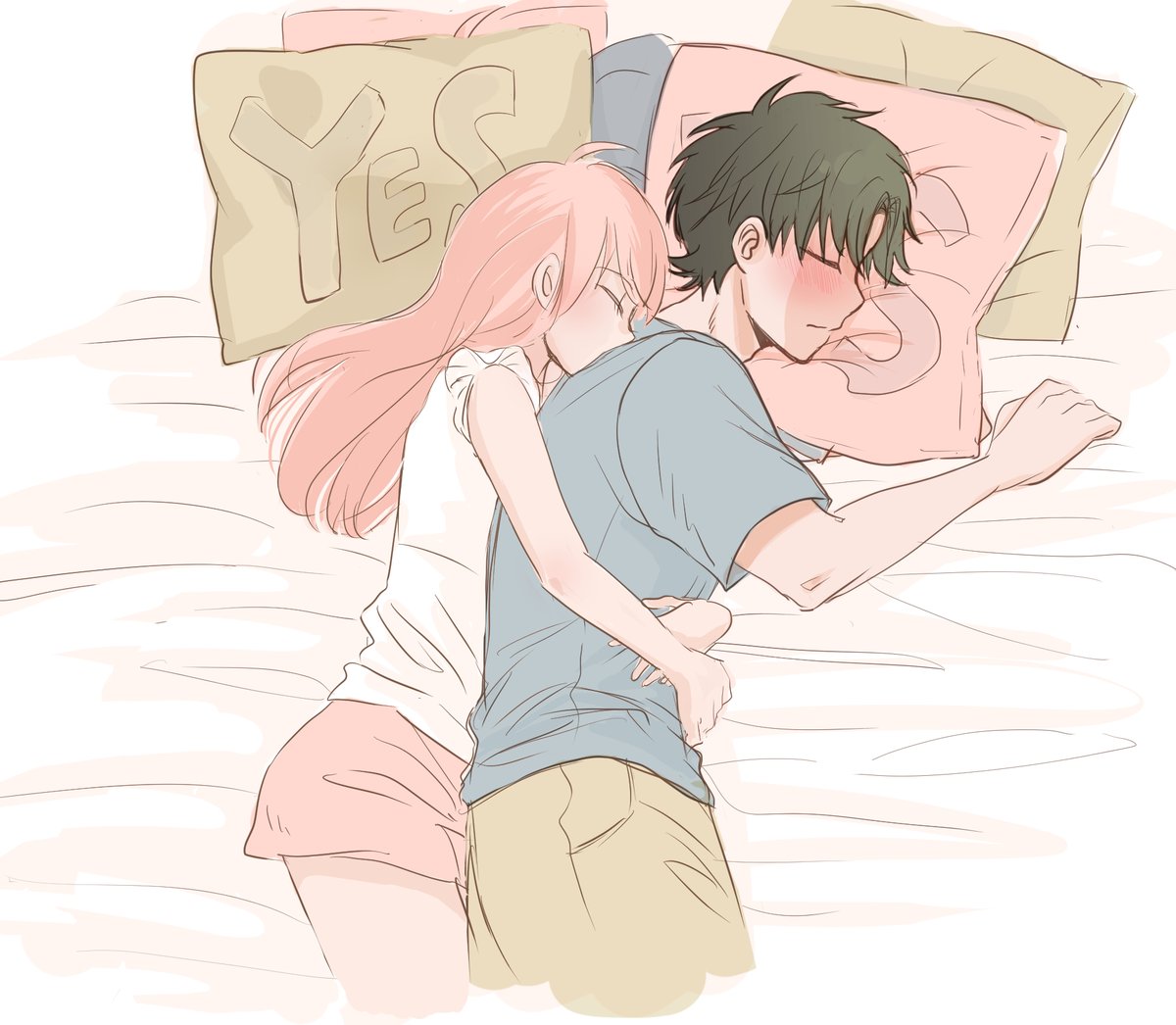 1boy 1girl aged_up anya_(spy_x_family) bangs bed_sheet blush closed_eyes closed_mouth couple damian_desmond green_hair hetero hug hug_from_behind long_hair minagawa_emu parted_bangs pillow pink_hair shirt short_sleeves shorts sleeping spy_x_family t-shirt yes yes-no_pillow