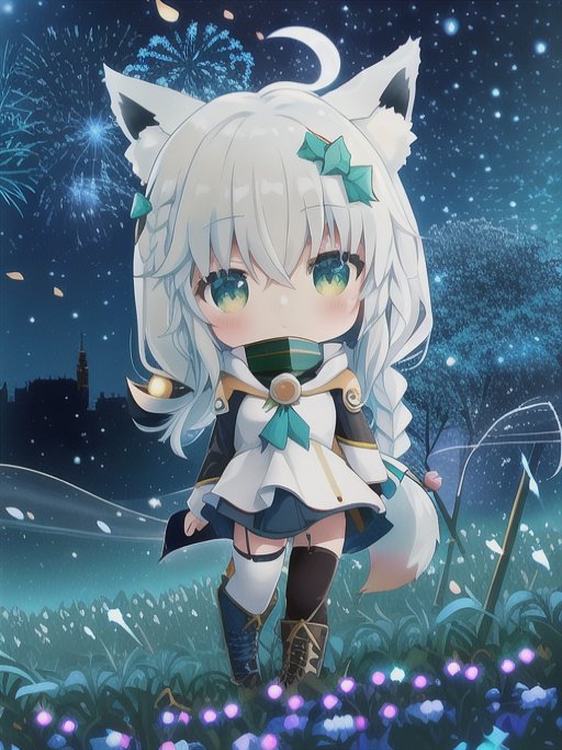 1girl ahoge animal_ear_fluff animal_ears bangs black_thighhighs blush braid chibi commentary_request fox_ears fox_girl fox_tail garter_belt grass green_eyes hair_between_eyes hair_ornament hololive jinmaoldd long_hair looking_at_viewer night outdoors petals shirakami_fubuki sidelocks single_braid solo tail thigh-highs virtual_youtuber white_hair white_thighhighs