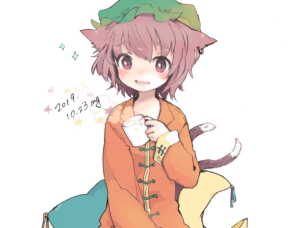 1girl alternate_costume animal_ears bangs blush brown_hair cat_ears cat_tail chen cup dated earrings green_headwear hair_between_eyes hand_up hat holding holding_cup jewelry looking_at_viewer lower_teeth m_(m073111) mob_cap mug multiple_tails nekomata no_nose nose_blush open_mouth pillow simple_background single_earring smile solo star_(symbol) star_print steam tail teeth touhou two_tails upper_body white_background