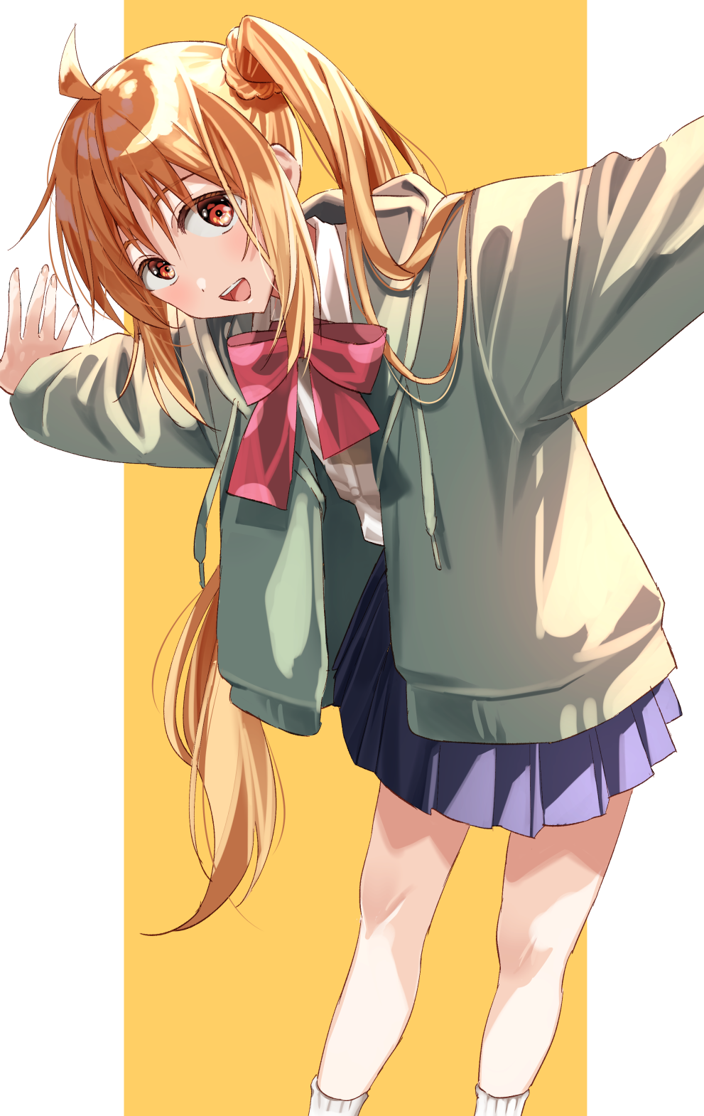 1girl :d ahoge bangs blonde_hair blue_skirt blush bocchi_the_rock! bow bowtie feet_out_of_frame green_hoodie highres hood hoodie ijichi_nijika kukiha long_hair long_sleeves looking_at_viewer open_clothes open_hoodie open_mouth outstretched_arms pleated_skirt red_bow red_eyes school_uniform shirt side_ponytail sidelocks simple_background skirt smile socks solo standing teeth two-tone_background upper_teeth white_background white_shirt white_socks yellow_background