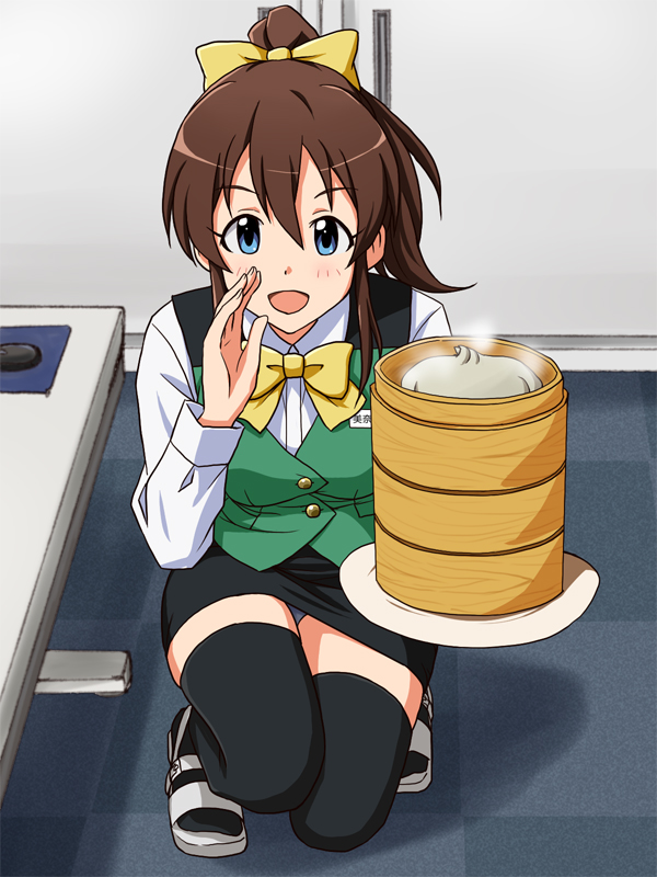1girl bamboo_steamer bangs black_skirt black_thighhighs blue_eyes bow bowtie breasts brown_hair buttons commentary cosplay desk dumpling food green_vest hair_between_eyes hair_bow hand_up holding holding_tray idolmaster idolmaster_million_live! indoors legs lielos long_hair long_sleeves looking_at_viewer medium_breasts open_mouth otonashi_kotori otonashi_kotori_(cosplay) panties panty_peek pencil_skirt ponytail sandals satake_minako shirt sidelocks skirt solo squatting thigh-highs thighs tray underwear vest wall white_footwear white_shirt yellow_bow yellow_bowtie zettai_ryouiki