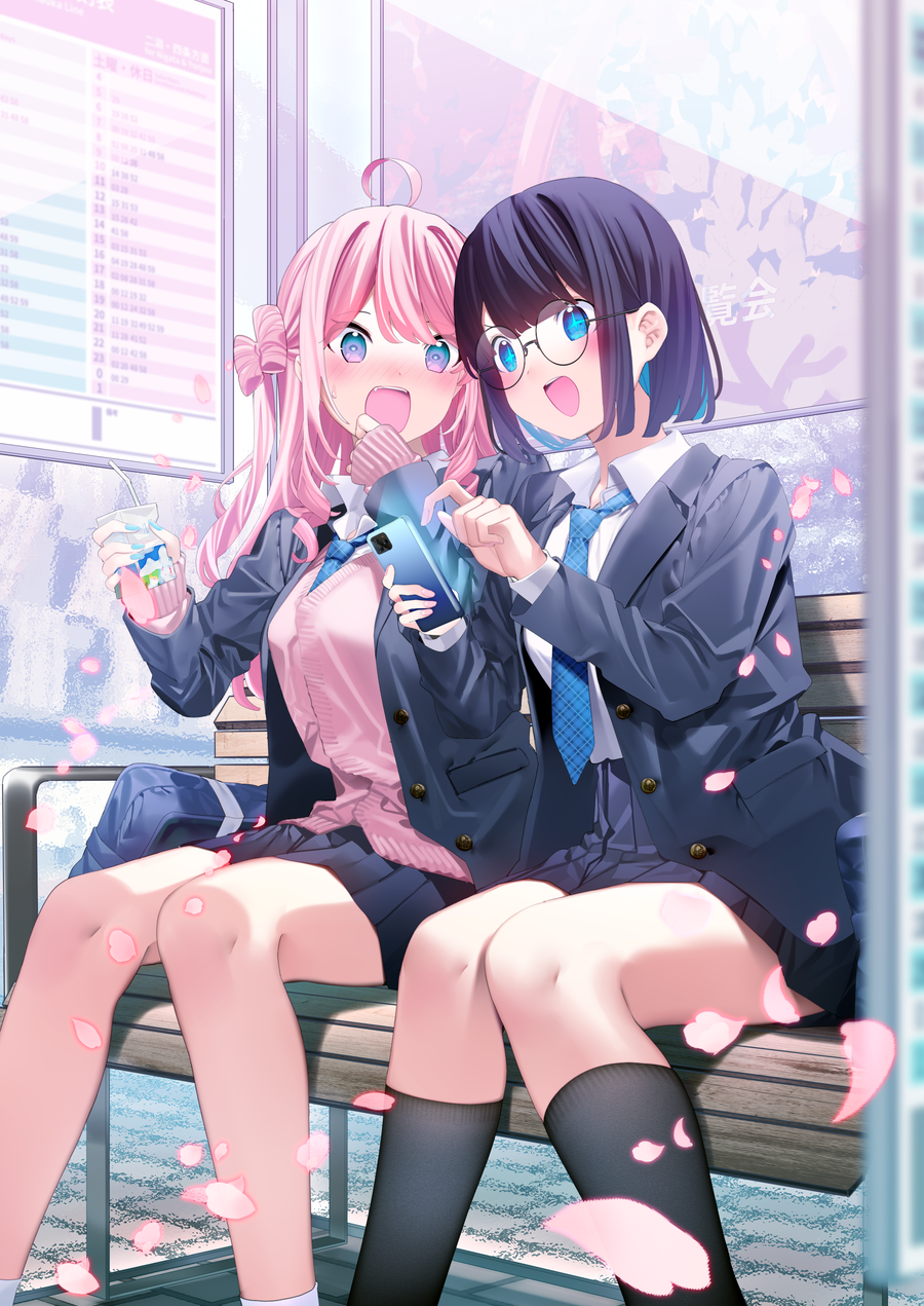 2girls :d ahoge bag bangs bendy_straw black-framed_eyewear black_hair black_jacket black_skirt black_socks blazer blue_eyes blue_hair blue_necktie blush cardigan cellphone chikuwa. collared_shirt commentary_request cup day disposable_cup drinking_straw feet_out_of_frame glasses highres holding holding_cup holding_phone jacket knees_together_feet_apart legs long_hair multicolored_hair multiple_girls necktie nose_blush on_bench open_clothes open_jacket original outdoors petals phone pink_cardigan pink_hair plaid_necktie pleated_skirt round_eyewear school_bag school_uniform shirt sitting skirt smile socks sweat two-tone_hair very_long_hair white_shirt white_socks