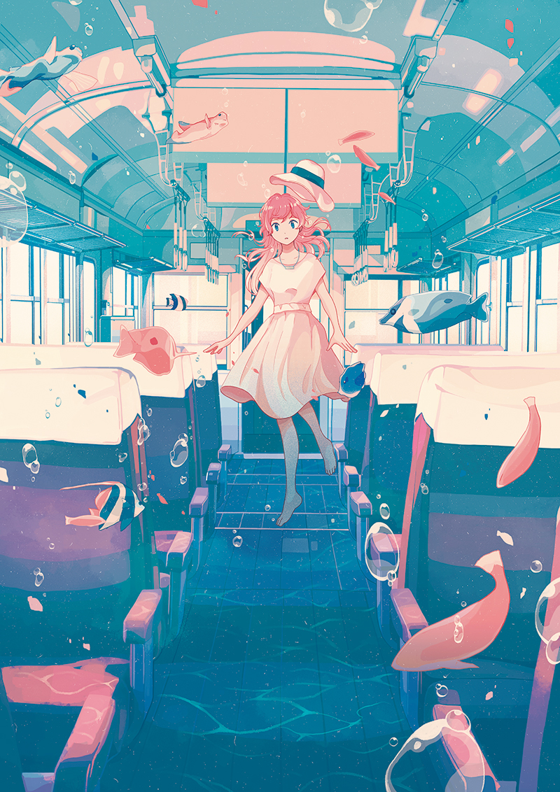 1girl 456 barefoot blue_eyes bubble bus bus_interior dress fish floating ground_vehicle hat long_hair motor_vehicle open_mouth original pink_hair seat underwater walking white_dress white_headwear window