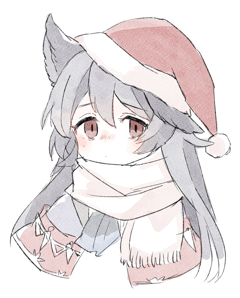 1girl animal_ears bangs black_hair blush capelet closed_mouth cropped_shoulders eno_(preno_gb) granblue_fantasy hat long_hair looking_at_viewer nier_(granblue_fantasy) nose_blush pale_color red_eyes santa_hat scarf simple_background solo white_background