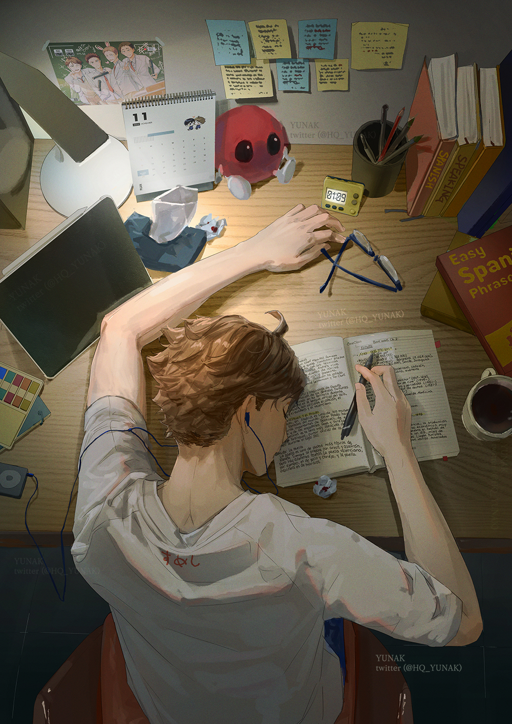 1boy book brown_hair calendar_(object) closed_eyes coffee coffee_mug cup desk earphones earphones glasses haikyuu!! head_on_table highres holding holding_pencil hq_yunak indoors male_focus mug oikawa_tooru_(haikyuu!!) open_book pencil photo_(object) shirt short_hair short_sleeves sitting sleeping solo stuffed_toy white_shirt