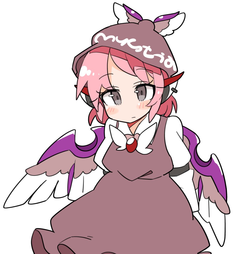 1girl animal_ears arms_behind_back bird_ears bird_wings blush brown_dress brown_headwear closed_mouth dress earrings grey_eyes hat ini_(inunabe00) jewelry long_sleeves looking_at_viewer mystia_lorelei pink_hair short_hair simple_background single_earring solo touhou upper_body white_background white_wings winged_hat wings