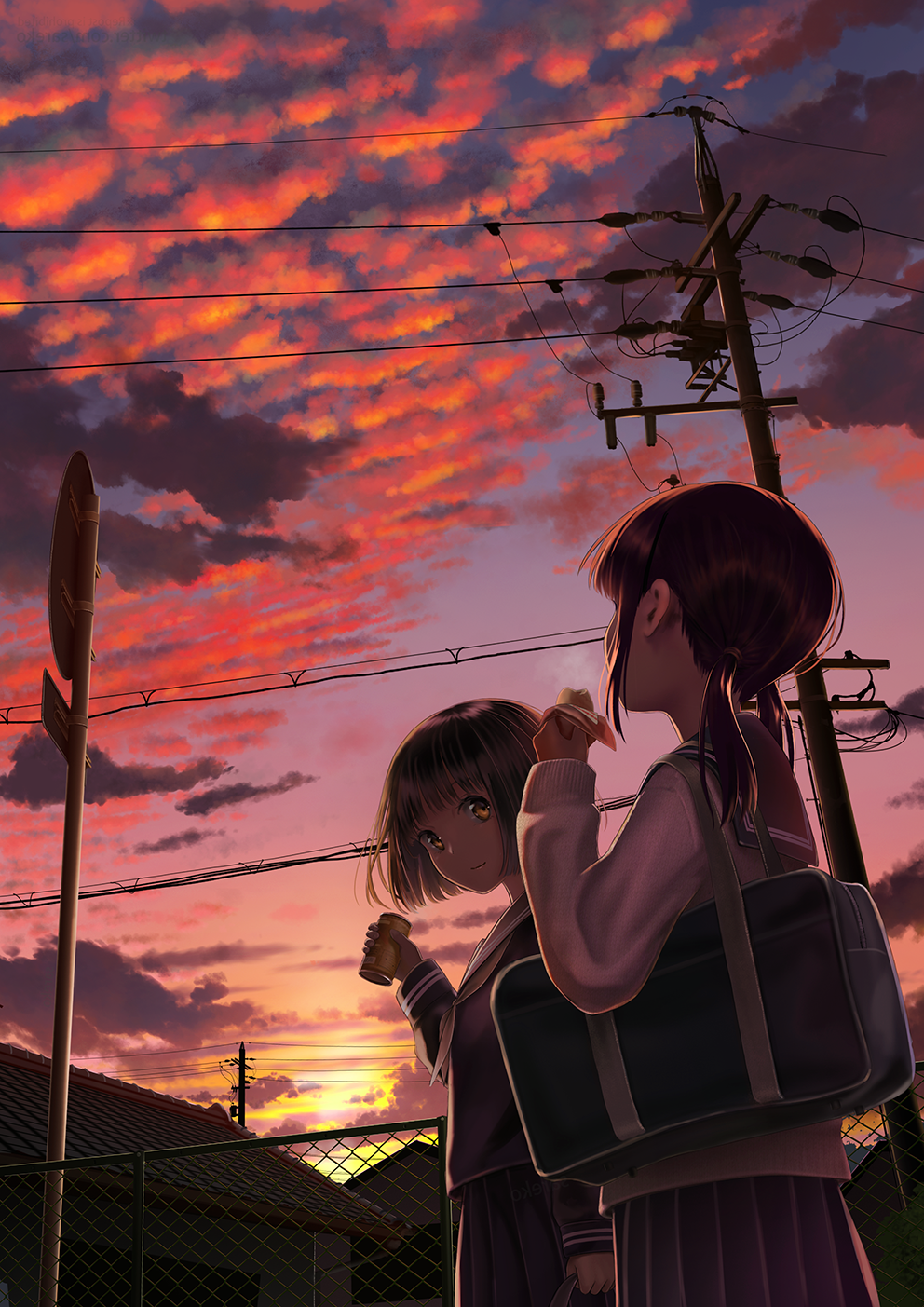 2girls bag bangs blue_sailor_collar blue_serafuku blue_skirt blue_sky brown_eyes brown_hair building cable can carrying_bag chain-link_fence clouds cloudy_sky dim_lighting drink fence food gradient_sky highres holding holding_can holding_food house long_sleeves looking_at_another looking_up multicolored_sky multiple_girls original pink_sky pleated_skirt ponytail purple_sky road_sign sailor_collar sarekoube scenery school_bag school_uniform serafuku short_hair sign skirt sky sunset utility_pole white_serafuku wire_fence yellow_sky