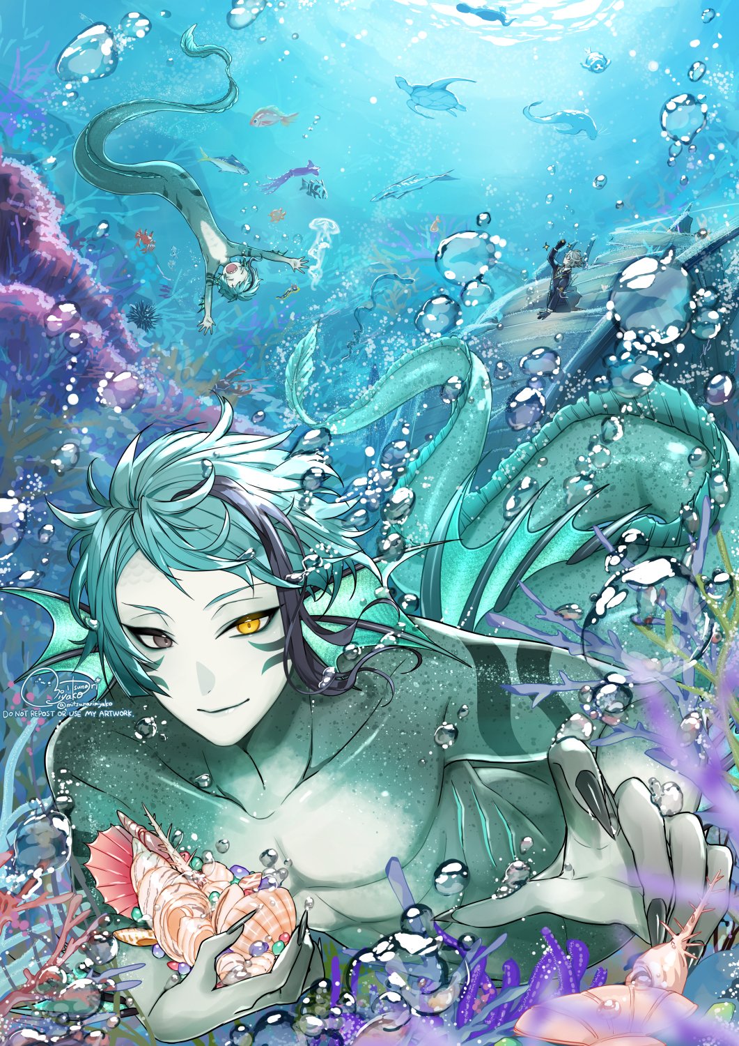 3boys air_bubble animal artist_name azul_ashengrotto blue_background blue_hair blue_skin bubble closed_mouth colored_skin commentary conch coral coral_reef eel_boy fingernails fins fish floyd_leech full_body gills green_eyes head_fins heterochromia highres holding holding_shell jade_leech jellyfish looking_at_viewer male_focus mitsunari_miyako monster_boy multicolored_hair multiple_boys nude sea_turtle seashell sharp_fingernails shell shipwreck short_hair signature smile squid streaked_hair swimming symbol-only_commentary turtle twisted_wonderland underwater yellow_eyes
