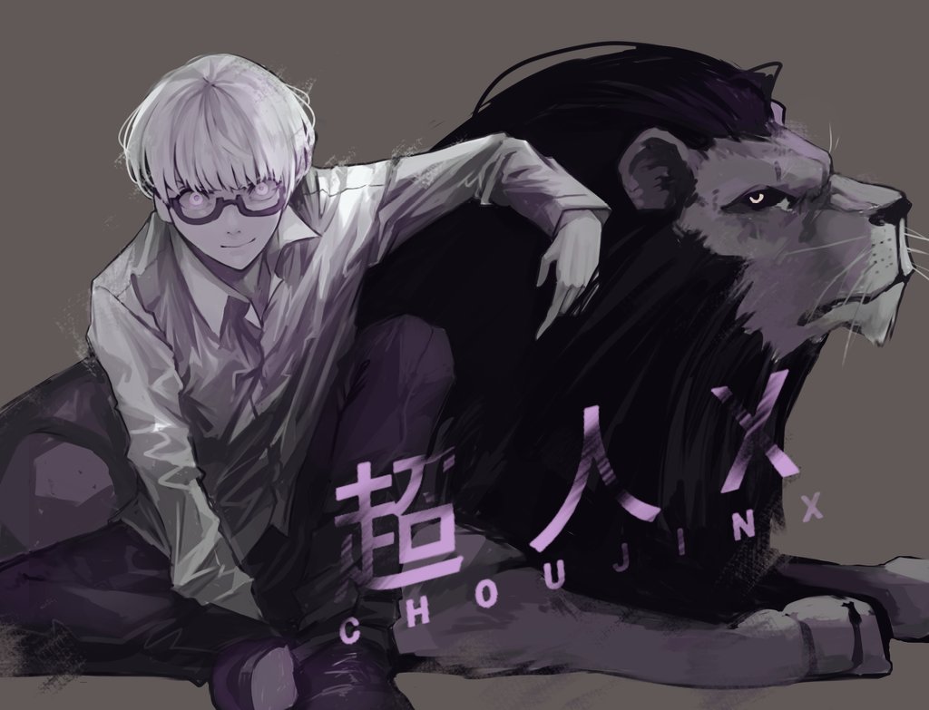 1boy bangs bowl_cut choujin_x collared_shirt etain_(e_t_a_i_n) glasses grey_background higashi_azuma_(choujin_x) leaning_on_animal lion looking_at_viewer monochrome muted_color purple_theme semi-rimless_eyewear shirt short_hair simple_background sitting smile solo_focus spot_color white_hair white_shirt