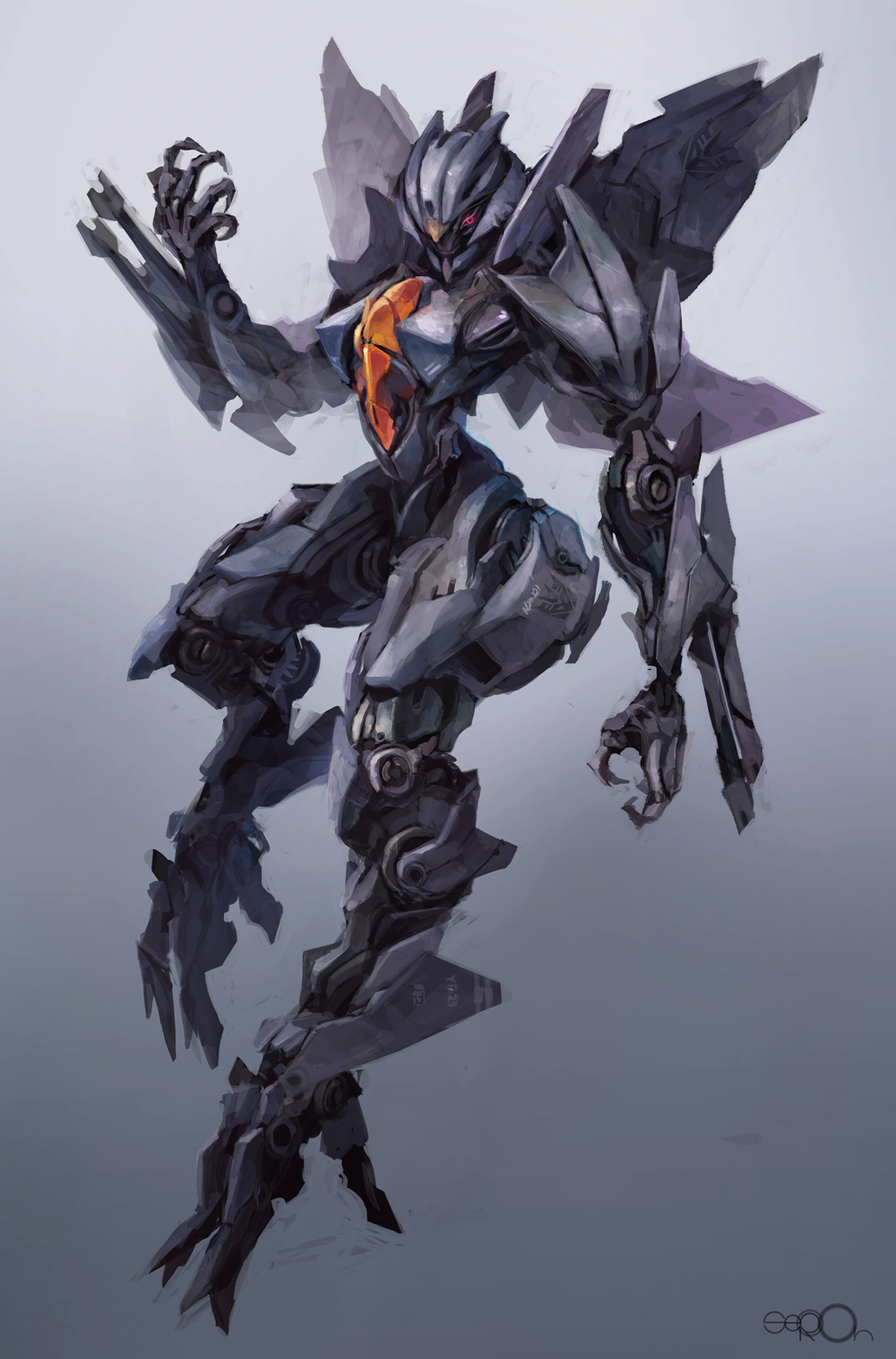 1girl arm_cannon english_commentary full_body glowing glowing_eye grey_background highres looking_at_viewer mecha open_hand osro parody red_eyes robot slipstream_(transformers) smile style_parody transformers transformers_(live_action) weapon