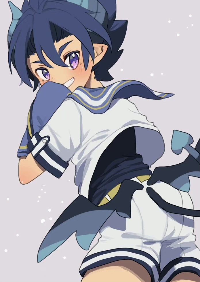 1boy black_undershirt blue_hair blush demon_boy demon_tail demon_wings from_behind great_kichi hair_between_eyes horns looking_at_viewer looking_back low_wings male_child mini_wings open_mouth pointy_ears pop-up_story sailor sailor_collar shirt short_sleeves shorts simple_background smile solo tail teeth tsurime violet_eyes white_background white_shirt white_shorts wings ziz_glover