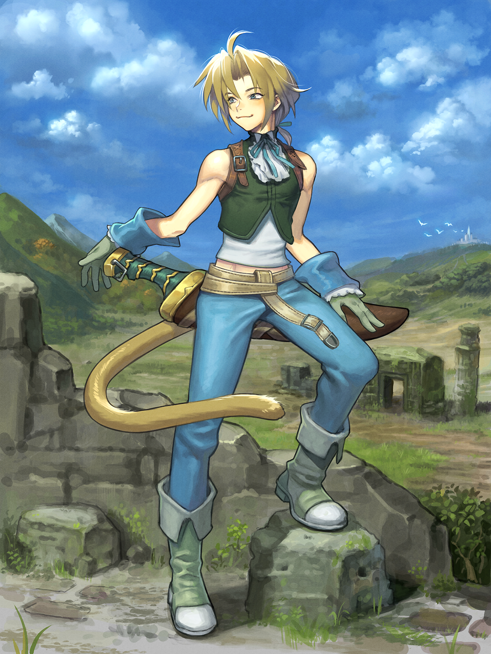 1boy ahoge bangs bare_shoulders blonde_hair blue_eyes blue_pants blue_ribbon boots clouds cloudy_sky cropped_vest final_fantasy final_fantasy_ix flock frilled_shirt_collar frills full_body gloves green_footwear green_gloves green_vest highres light_blush looking_to_the_side low_ponytail male_focus midriff_peek monkey_tail neck_ribbon outdoors pants parted_bangs ribbon ruins shirt short_hair_with_long_locks sky sleeveless sleeveless_shirt smile solo tail uboar vest weapon_behind_back white_shirt wrist_cuffs zidane_tribal