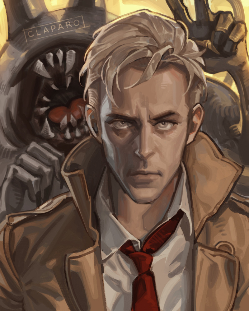 1boy artist_name blonde_hair claparo collared_shirt constantine dc_comics english_commentary john_constantine looking_at_viewer male_focus mature_male monster necktie photoshop_(medium) red_necktie serious shirt short_hair tongue v white_shirt