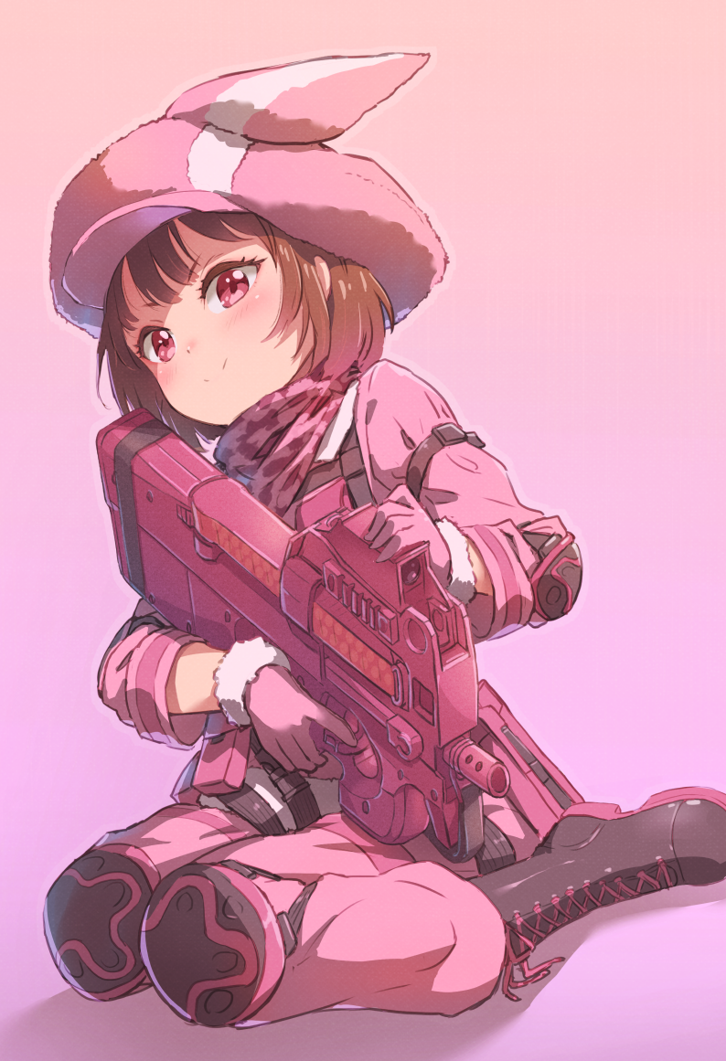 1girl bandana blush boots brown_hair bullpup commentary_request elbow_pads fur-trimmed_gloves fur_trim gloves gun hat holding holding_gun holding_weapon jacket knee_pads llenn_(sao) looking_at_viewer p-chan_(p-90) p90 pants pink_background pink_bandana pink_eyes pink_gloves pink_headwear pink_jacket pink_pants short_hair simple_background sitting smile solo submachine_gun sword_art_online sword_art_online_alternative:_gun_gale_online tomamatto weapon