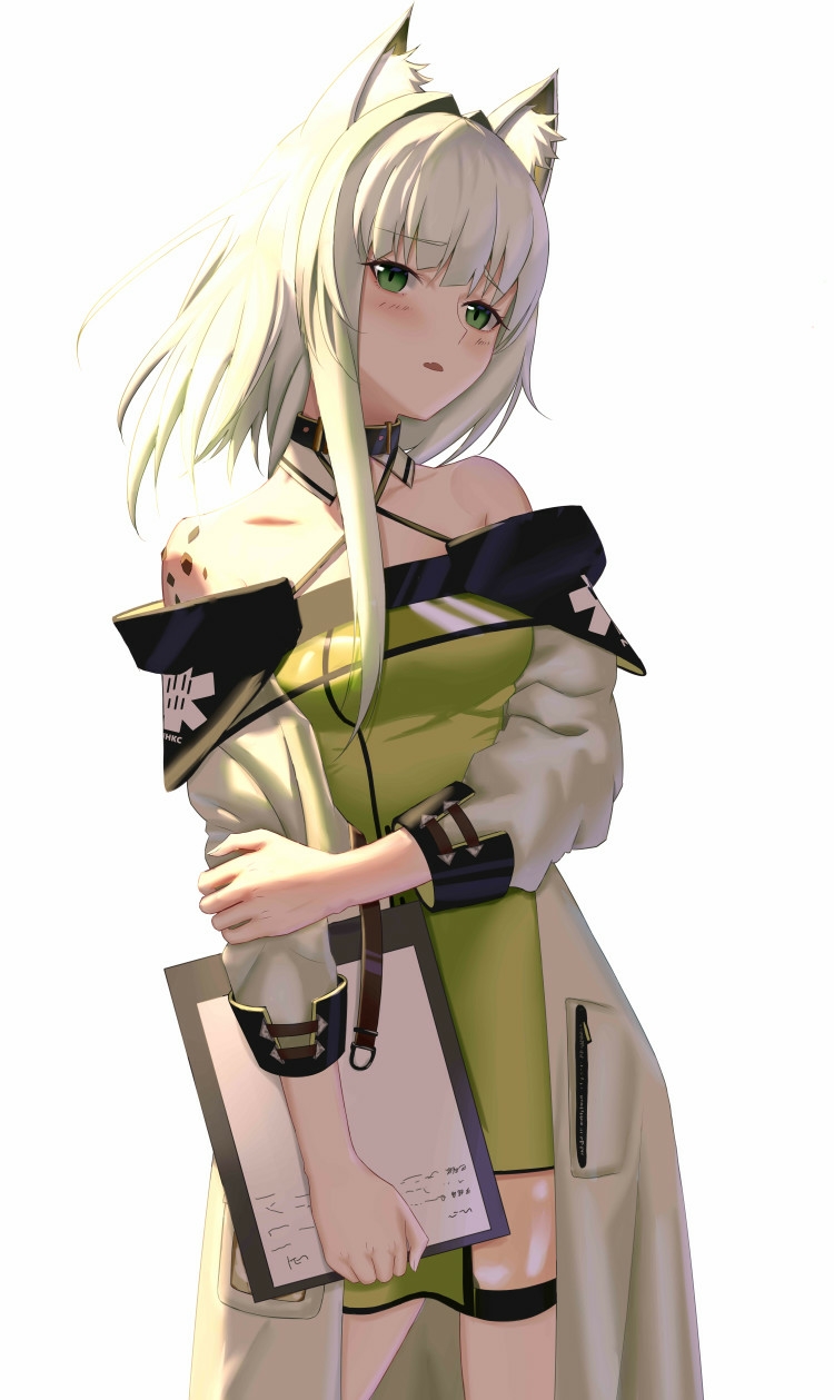 1girl animal_ear_fluff animal_ears arknights asymmetrical_hair backlighting bare_shoulders blush breasts cat_ears chinese_commentary clipboard coat cowboy_shot criss-cross_halter detached_collar dress embarrassed fang furrowed_brow green_dress green_eyes hair_intakes halterneck highres holding holding_clipboard holding_own_arm kal'tsit_(arknights) labcoat looking_at_viewer medium_breasts medium_hair oripathy_lesion_(arknights) parted_lips see-through simple_background skin_fang solo standing white_background white_coat white_hair xian_shui_chang_chong