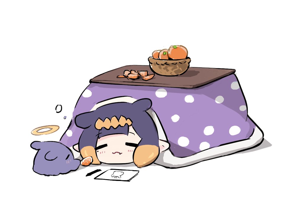 1girl =_= blonde_hair blush closed_mouth food fruit halo hololive hololive_english kotatsu lying multicolored_hair ninomae_ina'nis on_stomach orange_(fruit) orange_slice paper pointy_ears purple_hair sidelocks simple_background solo streaked_hair table takodachi_(ninomae_ina'nis) under_kotatsu under_table white_background yuuyu_(777)