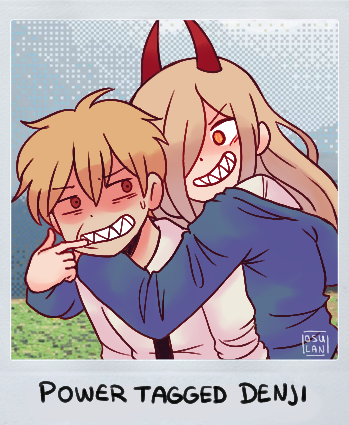 1boy 1girl black_necktie blonde_hair blue_hoodie chainsaw_man collared_shirt denji_(chainsaw_man) finger_in_another's_mouth hair_over_one_eye hood hoodie horns hug hug_from_behind long_hair looking_at_another lowres necktie omori osulan parody photo_(object) power_(chainsaw_man) red_eyes red_horns shaded_face sharp_teeth shirt short_hair smile style_parody teeth white_shirt yellow_eyes