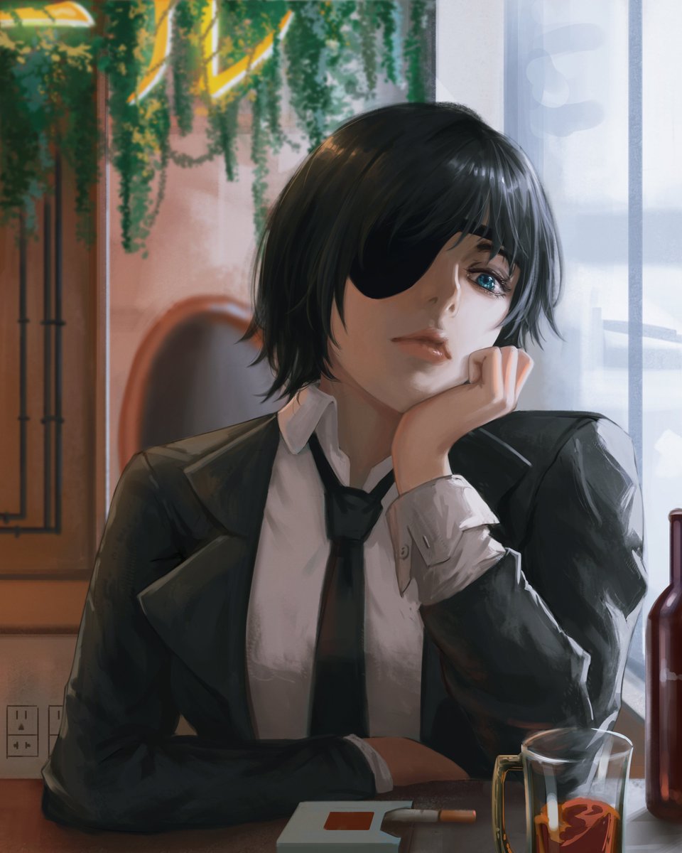 1girl alcohol bangs black_hair black_necktie blue_eyes bottle chainsaw_man cigarette cigarette_pack collared_shirt eyepatch formal hand_on_own_cheek hand_on_own_face highres himeno_(chainsaw_man) luxearte necktie shirt short_hair sitting sleeves_rolled_up solo suit table white_shirt window