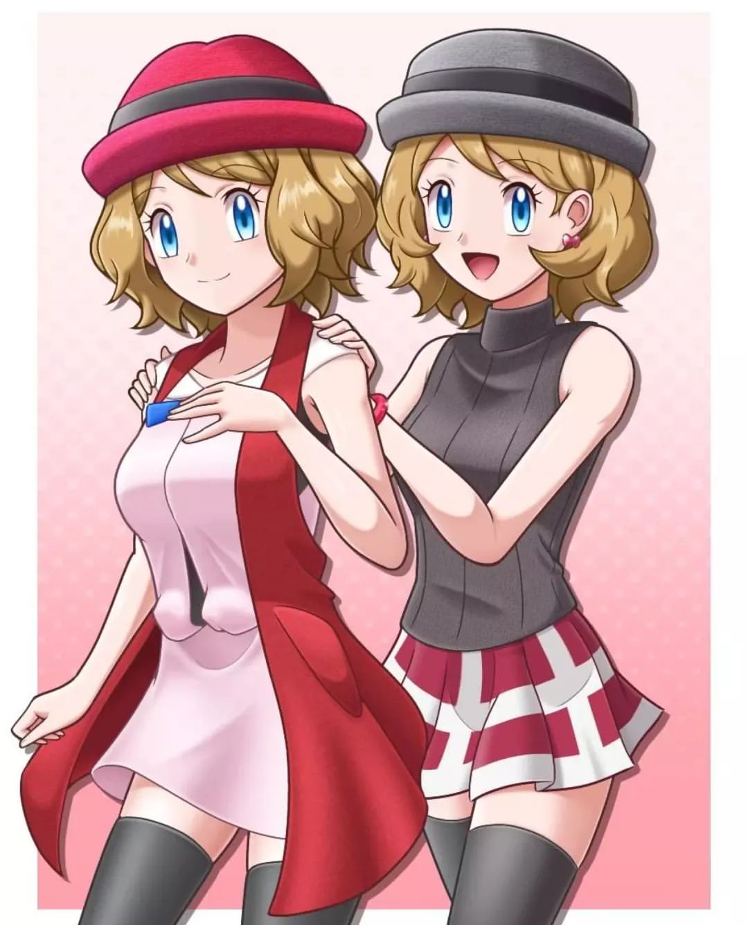 2girls :d bangs blue_eyes blue_ribbon brown_hair closed_mouth commentary_request earrings eyelashes grey_headwear hand_up hands_on_another's_shoulders hat highres jewelry multiple_girls neck_ribbon open_mouth pokemon pokemon_(anime) pokemon_journeys pokemon_xy_(anime) ribbon serena_(pokemon) short_hair skirt sleeveless smile sweater_vest thigh-highs zeki231