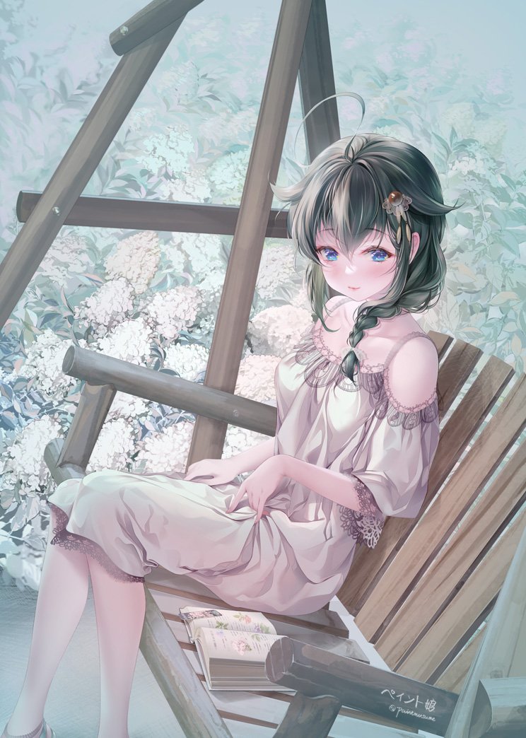 1girl ahoge alternate_costume bench black_hair blue_eyes book braid commentary_request dress flower hair_flaps hair_ornament hair_over_shoulder kantai_collection paint_musume patio_swing shigure_(kancolle) shigure_kai_ni_(kancolle) single_braid sitting solo white_dress