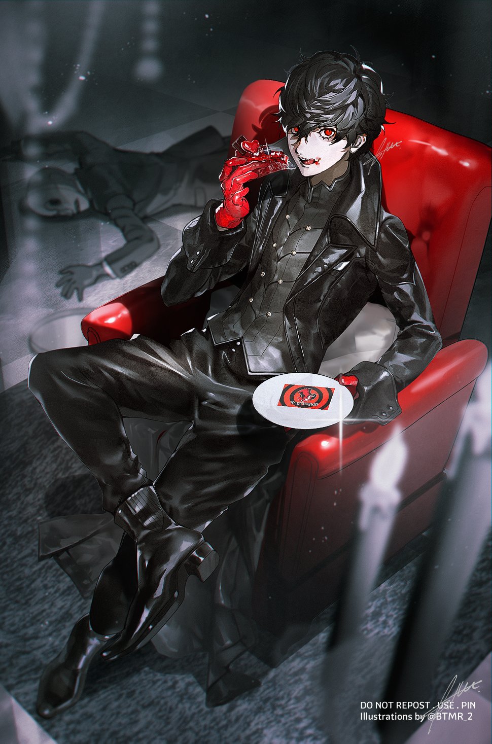 2boys amamiya_ren bangs black_coat black_footwear black_hair black_pants btmr_game cake cake_slice calling_card chair coat eating food gloves highres holding holding_cake holding_food jacket licking_lips long_sleeves looking_at_viewer male_focus mask multiple_boys open_clothes open_jacket open_mouth pants persona persona_5 red_eyes red_gloves short_hair signature sitting solo_focus teeth tongue tongue_out