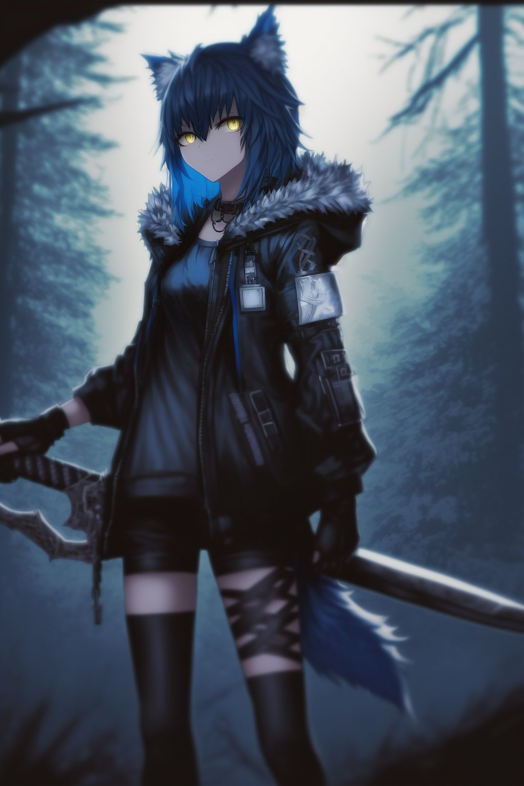1girl ai-generated animal_ears bangs black_gloves black_jacket blue_hair chroma_(crimson_moon) forest fur_trim gloves highres holding holding_weapon jacket long_sleeves looking_at_viewer nature open_clothes open_jacket original self_upload shirt sword tail thigh-highs weapon white_shirt wolf_ears wolf_girl wolf_tail yellow_eyes