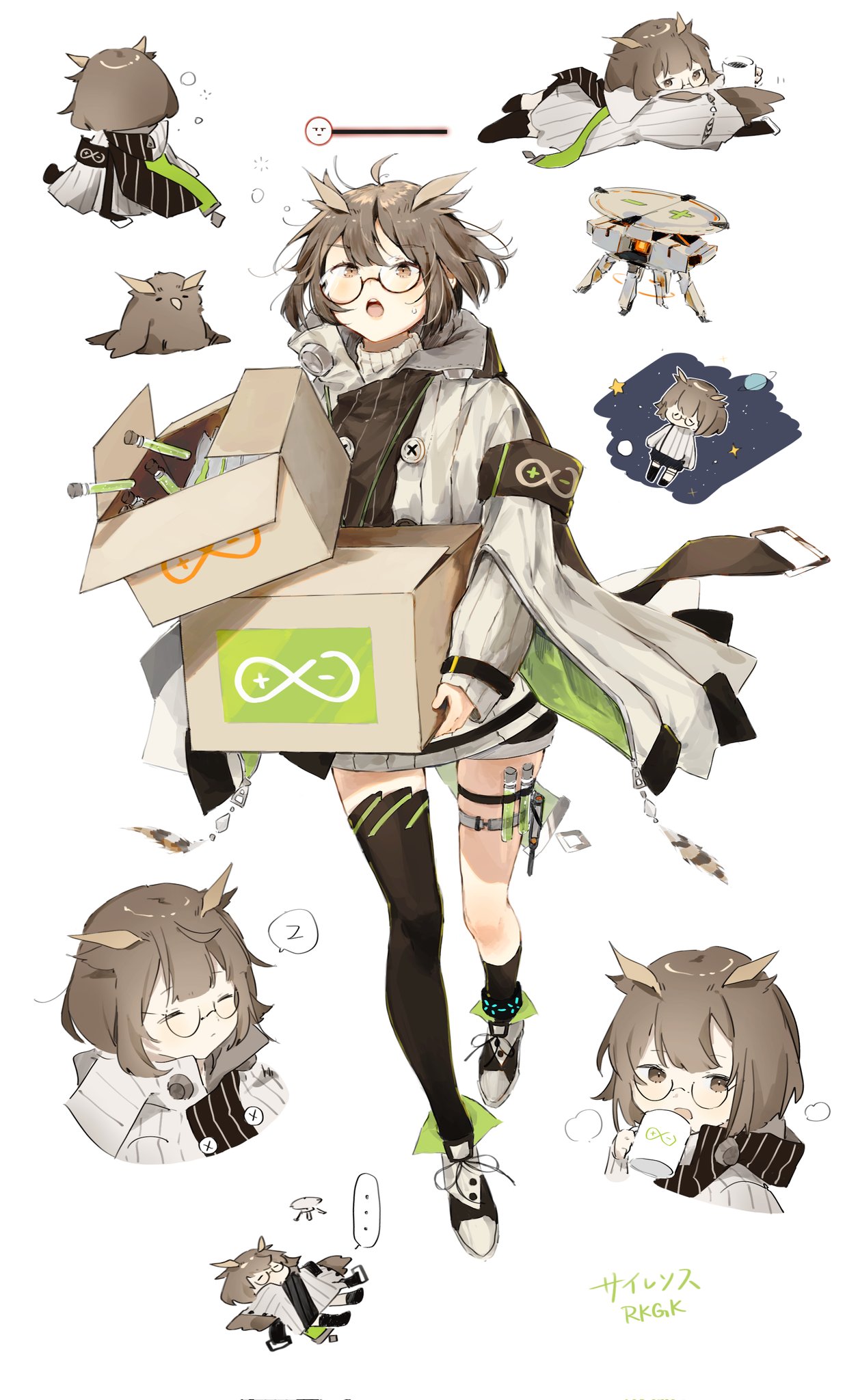 ... 1girl ahoge animalization arknights armband asymmetrical_legwear black_socks black_thighhighs box brown_eyes brown_hair buttons cardboard_box character_name chibi coat cup drinking drone feathers glasses highres holding holding_box holding_cup looking_at_viewer lying matsutakeneko multiple_views on_back owl_ears rhine_lab_logo short_hair silence_(arknights) silence_(owl)_(arknights) single_sock single_thighhigh socks space speech_bubble spoken_ellipsis thigh-highs thigh_strap vial white_coat