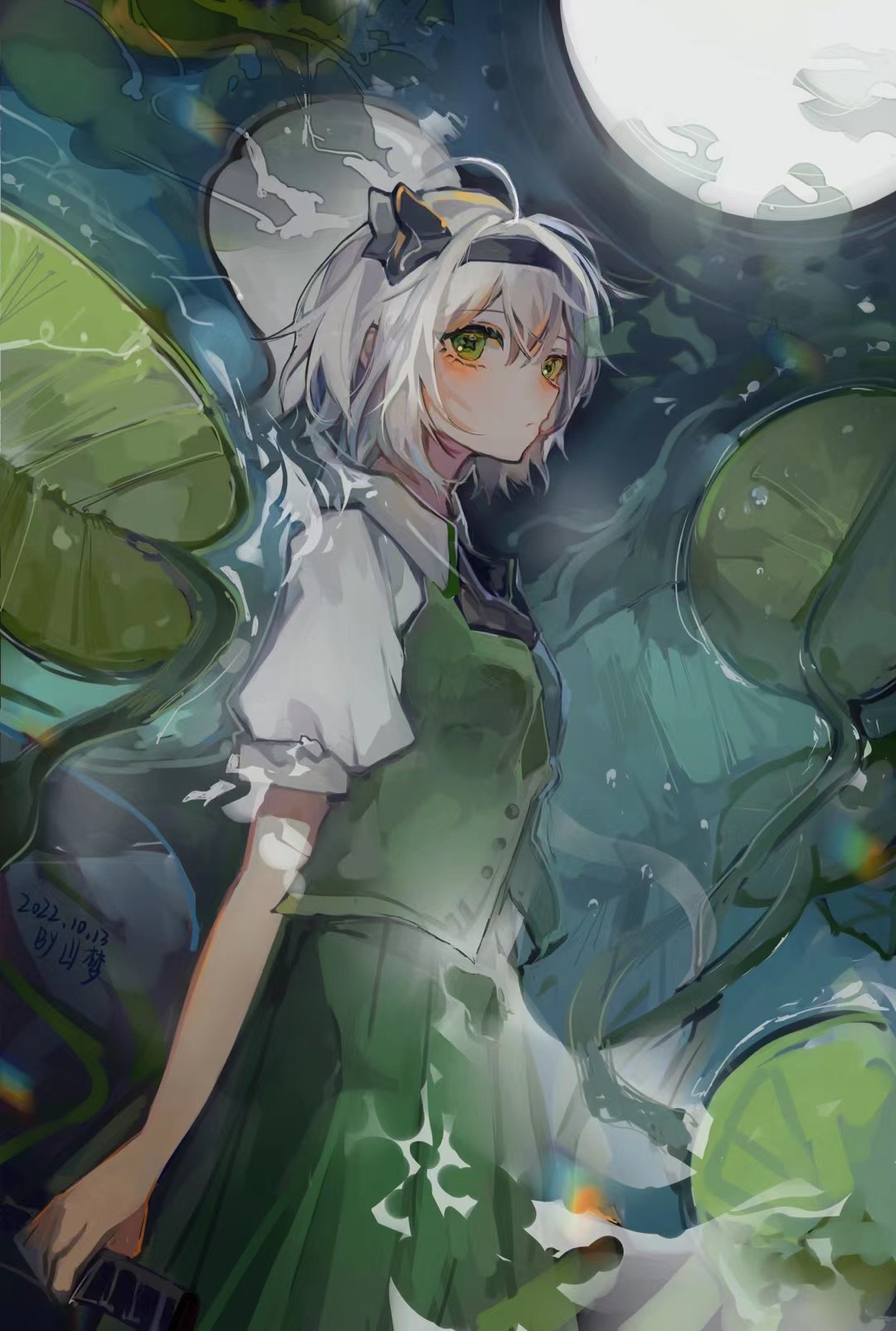 1girl ahoge black_hairband breasts closed_mouth collared_shirt cowboy_shot dated fenghua76466 green_eyes green_skirt green_vest hairband highres konpaku_youmu pleated_skirt puffy_sleeves shirt short_hair skirt small_breasts solo touhou vest white_hair white_shirt