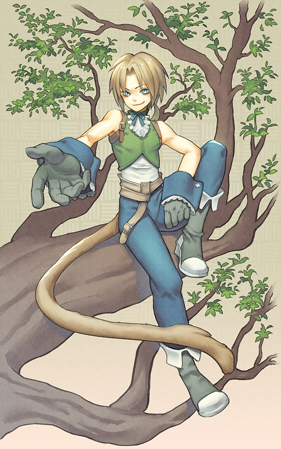 1boy aqua_eyes bangs bare_shoulders belt blonde_hair blue_pants blue_ribbon boots branch cropped_vest final_fantasy final_fantasy_ix frilled_shirt_collar frills full_body gloves green_vest grey_footwear grey_gloves in_tree leaf low_ponytail male_focus monkey_tail neck_ribbon outstretched_hand pants parted_bangs ribbon shirt short_hair sitting smile solo tail toned toned_male tree uboar vest white_shirt wrist_cuffs zidane_tribal