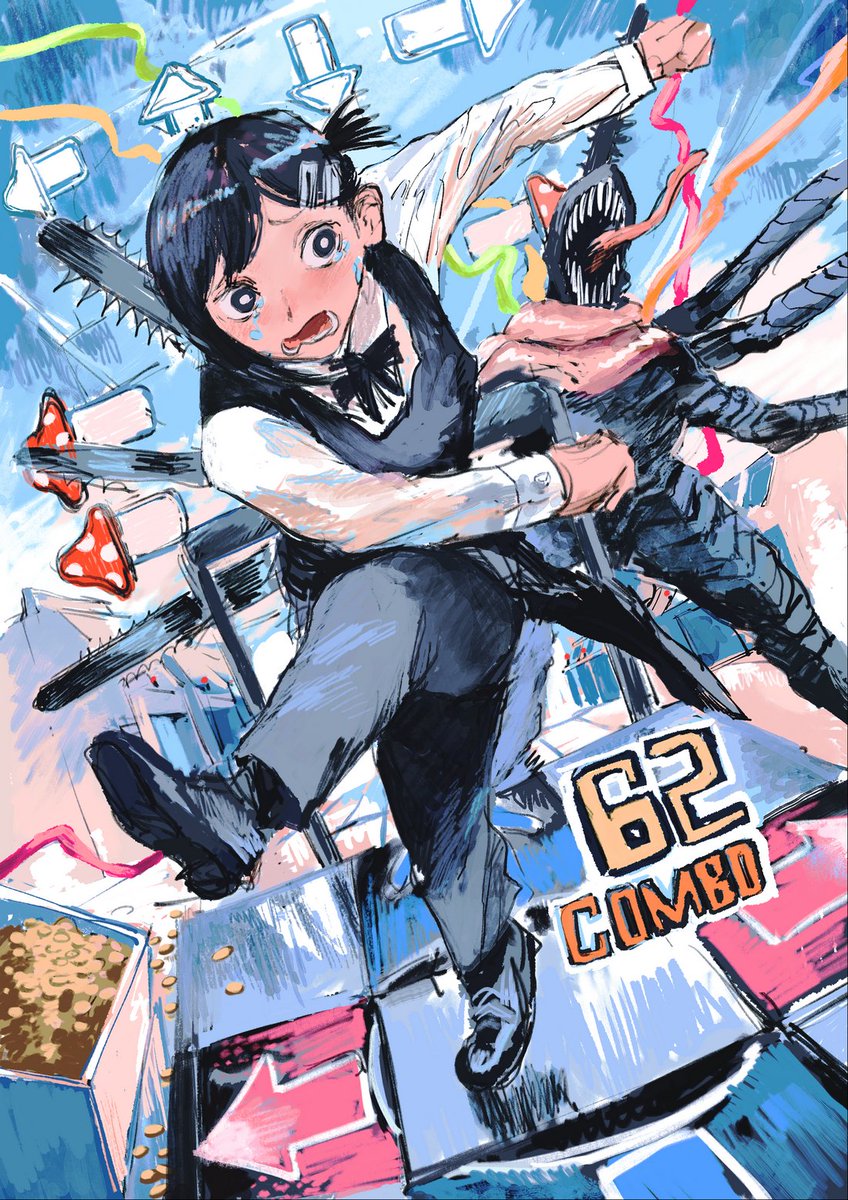 1girl 1other apron black_hair bow chainsaw chainsaw_devil chainsaw_man dance_dance_revolution dancing extra_hands higashiyama_kobeni highres looking_at_another looking_back monotone_ink mushroom open_mouth sharp_teeth shirt short_hair short_ponytail single_sidelock teeth tongue tongue_out white_shirt