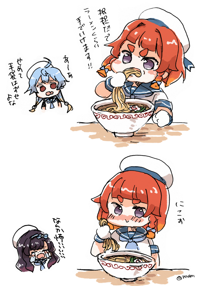 3girls ai_drawing_anime_characters_eating_ramen_(meme) blonde_hair blue_neckerchief blue_sailor_collar bob_cut bowl braid commentary_request eating etorofu_(kancolle) food gloves gradient_hair hat kantai_collection matsuwa_(kancolle) meme miko_(35nikomi) multicolored_hair multiple_girls neckerchief noodles ramen redhead sado_(kancolle) sailor_collar sailor_hat side_braid solo_focus thick_eyebrows translation_request twin_braids upper_body white_gloves white_headwear