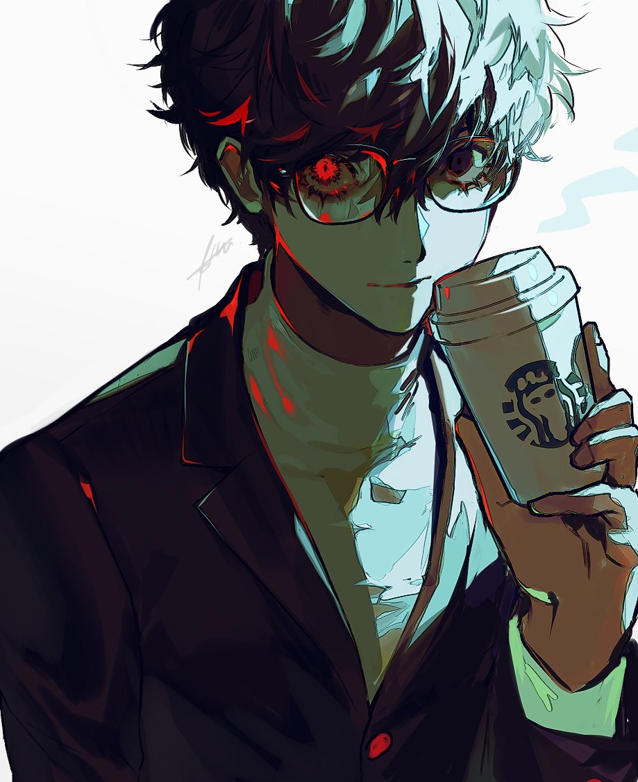 1boy amamiya_ren black_eyes black_hair black_jacket btmr_game coffee_cup cup disposable_cup glasses hair_between_eyes holding holding_cup jacket long_sleeves looking_at_viewer male_focus messy_hair persona persona_5 red_eyes shirt short_hair signature solo starbucks suit_jacket turtleneck upper_body white_background white_shirt