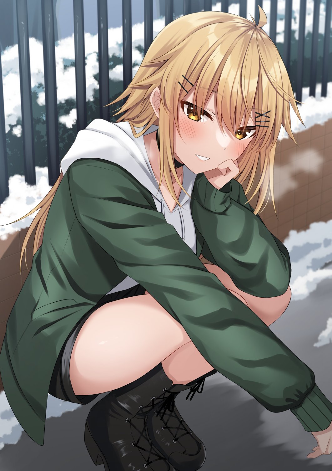 1girl ahoge bangs black_footwear black_shorts blonde_hair blush boots brown_eyes commentary_request cross-laced_footwear day drawstring fence green_jacket hair_between_eyes hair_ornament hairclip highres hood hood_down hoodie jacket komori_kuzuyu lace-up_boots long_hair long_sleeves looking_at_viewer nao_(kuzuyu) open_clothes open_jacket original outdoors parted_lips puffy_long_sleeves puffy_sleeves short_shorts shorts sleeves_past_wrists snow solo squatting very_long_hair white_hoodie x_hair_ornament