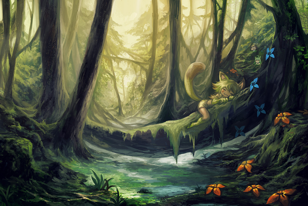 3girls :3 ahoge animal_ears blush_stickers body_fur brown_hair closed_eyes flower forest fox_ears fox_girl fox_tail green_hair moss multiple_girls nature original scenery sleeping tail tree yilx