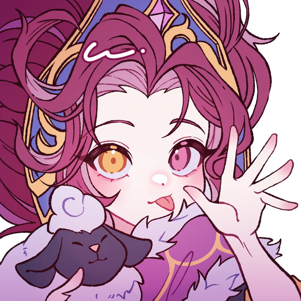 1girl :p animal bangs bonglae cape fur-trimmed_cape fur_trim hair_ornament hand_up heterochromia league_of_legends orange_eyes pink_eyes redhead sheep simple_background smile solo tongue tongue_out white_background winterblessed_zoe zoe_(league_of_legends)